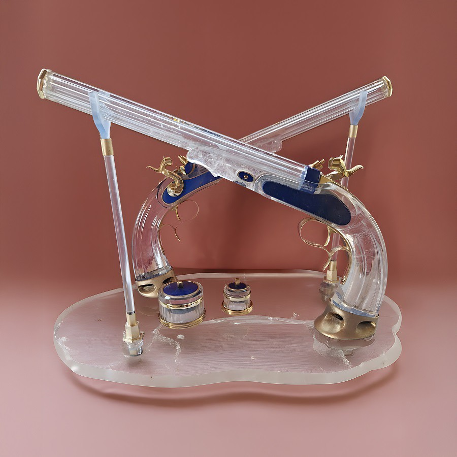 Man sieht auf einer klaren Bergkristallplatte, in fast ovaler Form, zwei Duell Pistolen in altmodischen Stil, graviert in Bergkristall verziert mit Lapis Lazuli, Schlagbolzen und Abzüge sind aus Gold gefertigt. Die Pistolen sind hintereinander diagonal aufgestellt und fixiert. Auf der Sockelplatte sind noch zwei runde,facettiert Döschen aus Bergkristall mit Lapis Deckeln als Zubehör zu sehen.